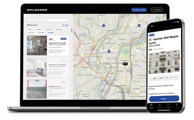 Image d'un écran d'ordinateur et d'un écran de téléphone qui montrent une carte interactive avec des logements