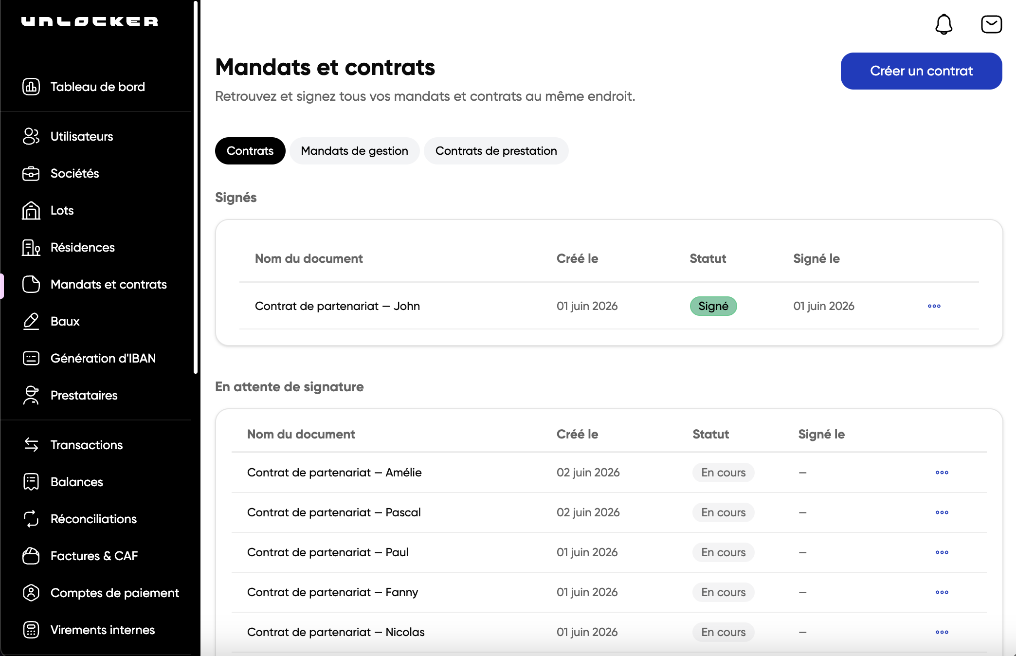 Liste des documents dans l’onglet Mandats et contrats Unlocker