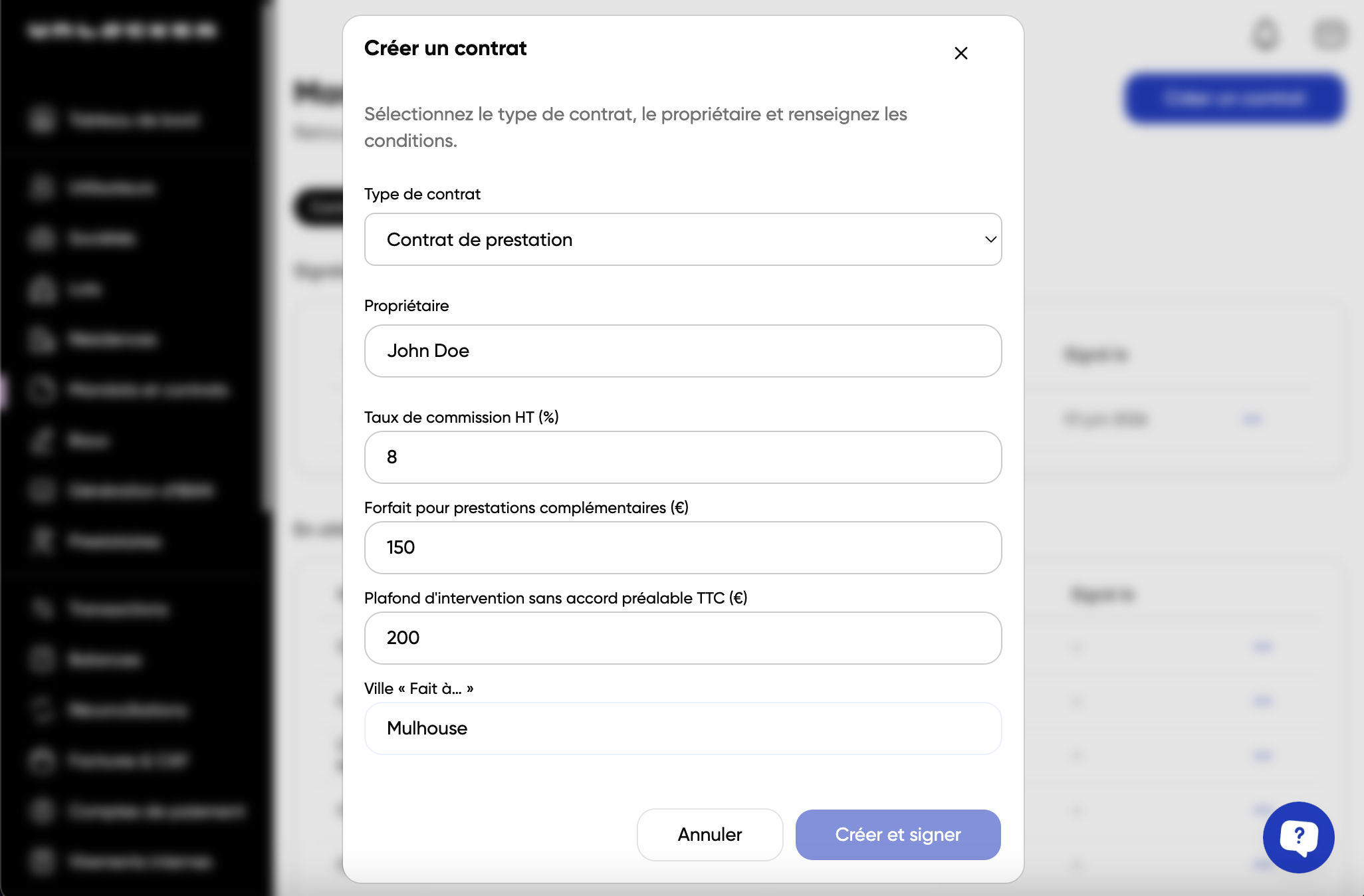Formulaire de création d’un contrat dans Unlocker