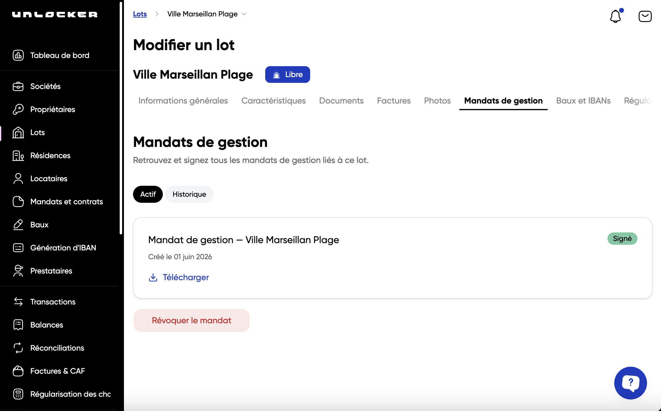 Onglet Mandats de gestion depuis la fiche d’un lot Unlocker